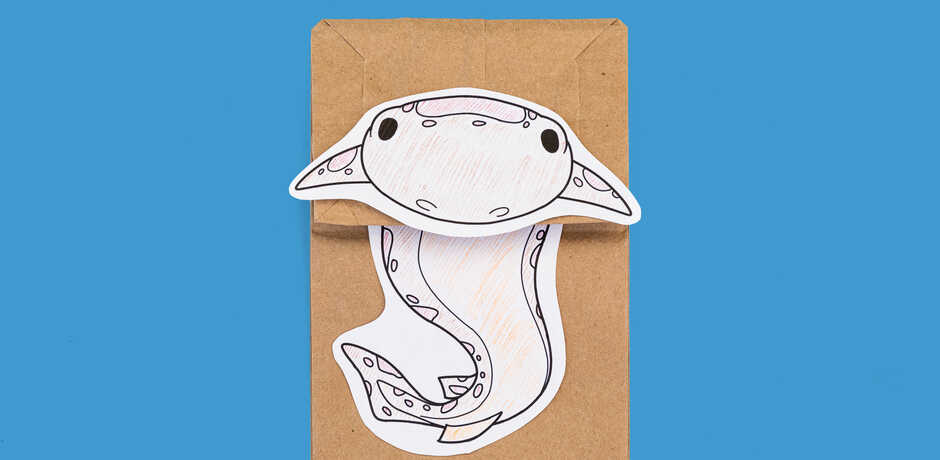 Paper bag shark puppet against blue background