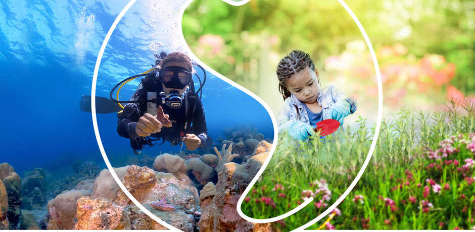Photo illustration of diver planting coral polyps and girl planting flowers