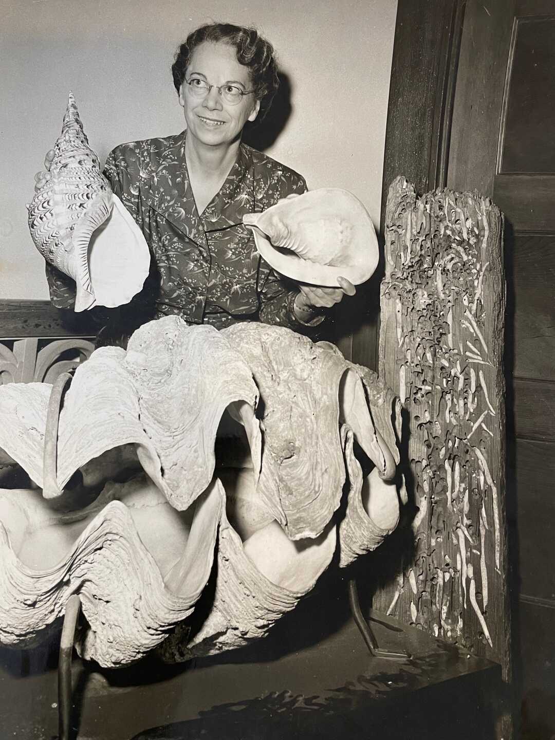 Myra Keen holds up two conch shells as she sits behind a larger clam shell in a black and white vintage photograph.