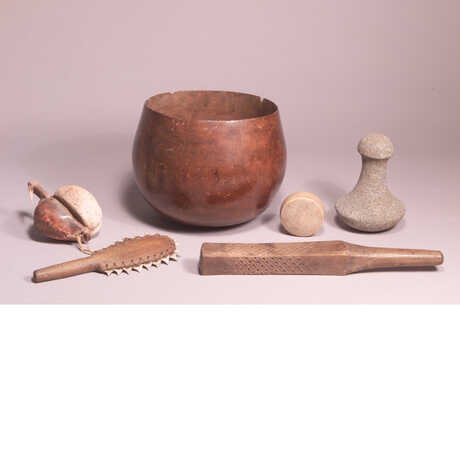 A wooden bowl and other items from the Ostheimer Collection (Hawai'ian)