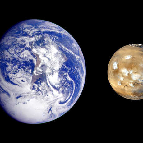 Composite image of Earth and Mars side by side, to show size comparison only