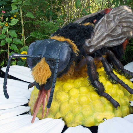 Animatronic red-tailed bumblebee atop a giant model of a daisy blossom