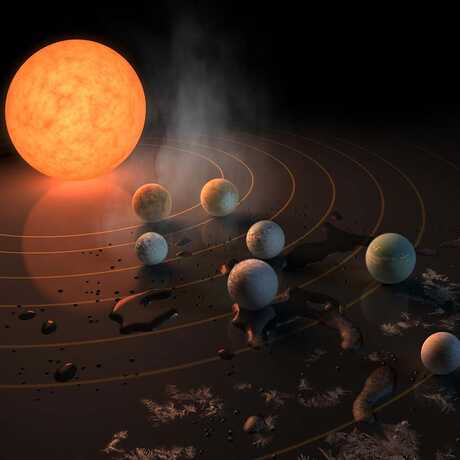 Graphic representation of the TRAPPIST-1 system and its seven planets.