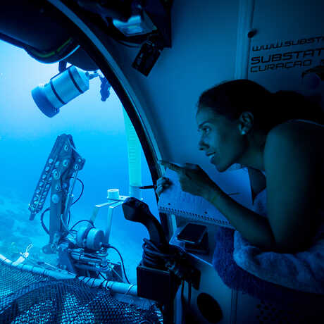Coral biologist Alejandra Hernández in a submersible during a Hope for Reefs expedition