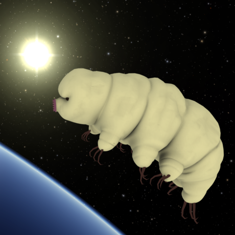 Artist rendering of giant tardigrade, or water bear, floating in Earth orbit