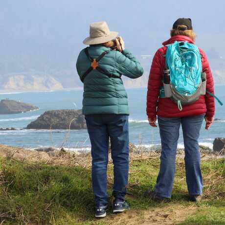 Two women look out to sea at Ano Nuevo Preserve