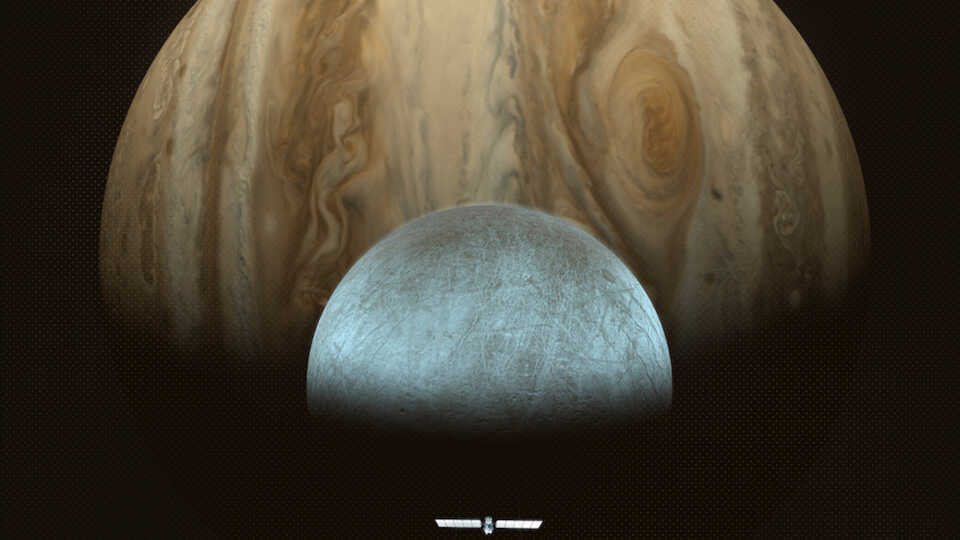 NASA’s Europa Clipper Mission is shown in this artist concept approaching Jupiter's moon Europa