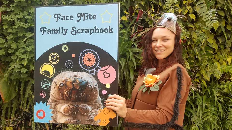 An educator dressed like a human face mite, with a large scrapbook of face mites
