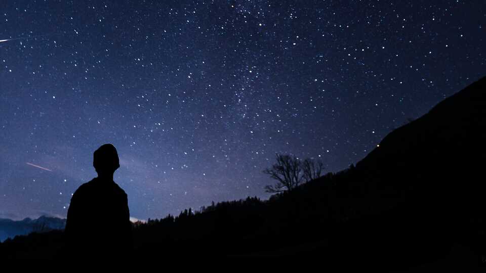 Silhouetted person looking up at dazzling night sky with stars